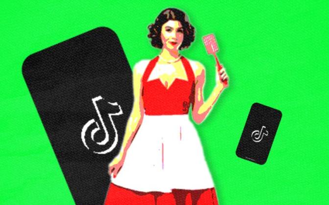 A neon green background, with phones and a woman in a dress and apron holding a spatula.