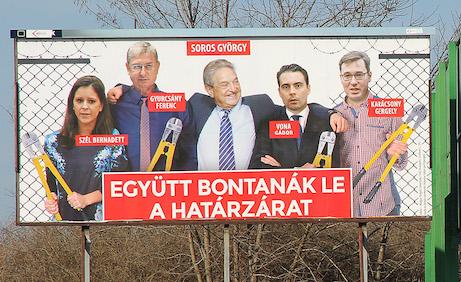 Conspiratorial billboard depicting Soros in cahoots with Hungarian opposition party leaders