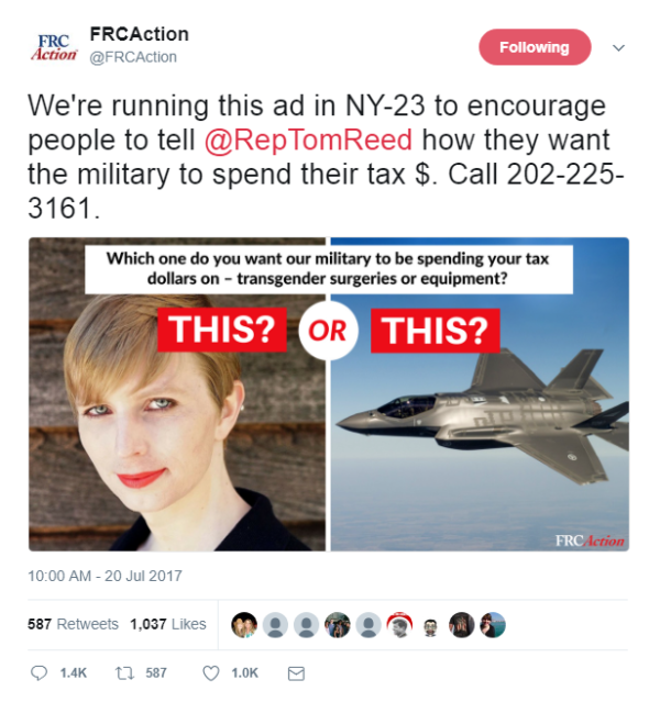 Family Research Council sent a strong anti-trans message via Twitter on July 20th, ahead of Trump’s tweet on Wednesday announcing a ban on trans service members.