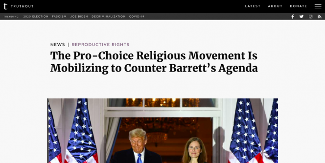 A black band as Truthout's header, a headline, and an image of President Trump and Justice Coney Barrett