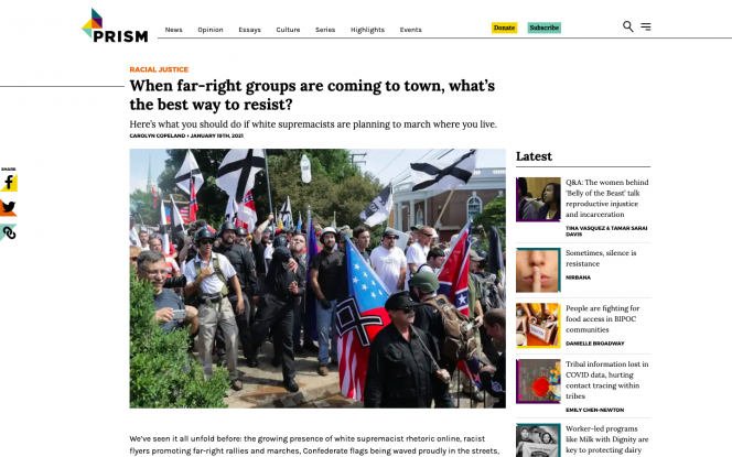 A white background with PRISM across the top. the headline, and an image of protesters holding some confederate of flags