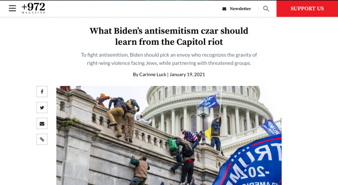 A white background +972 Magazine in Red, headline, and an image of rioters climbing the wall of the Capitol