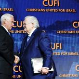 Vice President Mike Pence shakes John Hagee's hand and delivers remarks at the Christians United for Israel Washington Summit in Washington, D.C. Monday, July 8, 2019. (Official White House Photo/Flickr)