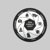 Black and white circle with text in middle reading "Seven Spheres of Society"