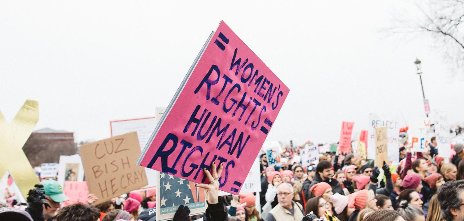 Protest crowd with pink and blue sign that reads Womens Rights = Human Rights