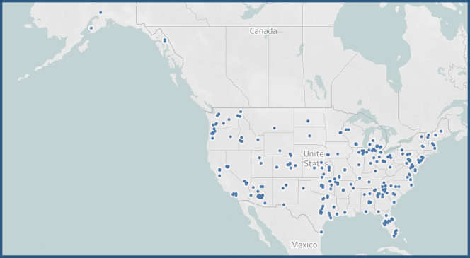 A map of the U.S. with dots showing far-right candidates