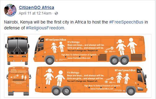 CitizenGO Africa recently announced on Facebook that Nairobi, Kenya would be the first city on the continent to host the so-called #FreeSpeechBus.
