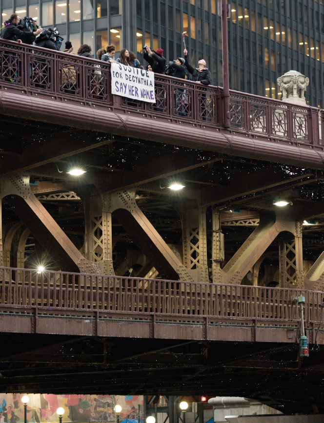 Elevated tracks with a poster