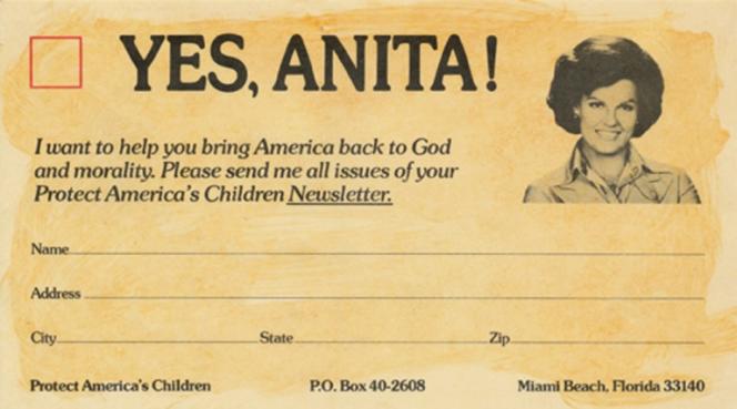 Fundraising card used by Anita Bryant, 1977.