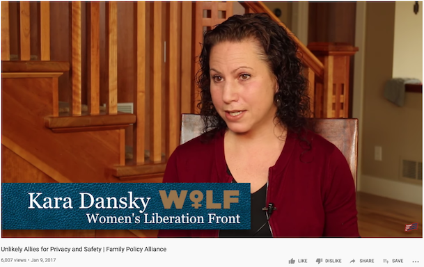 Still from Family Policy Alliance video featuring WoLF board member Kara Dansky.