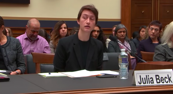 WoLF member Julia Beck testifies against VAWA's continued funding in a House Committee Hearing on Thursday March 7, 2019