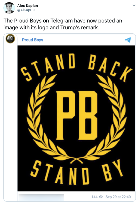 Screengrab of Twitter post from Media Matter's researcher Alex Kaplan with picture of new Proud Boys logo