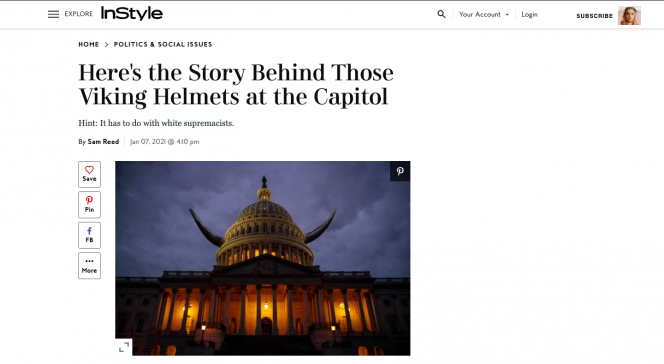 A White background with InStyle on the header. The headline is followed by an image of the Capitol building with viking horns coming out of either side of the dome. 