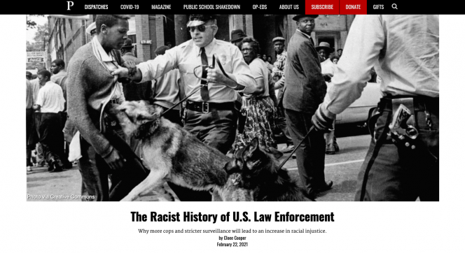A Black bar with the logo of The Progressive. A picture of a white policeman holding onto the leash of a dog that is biting a black man.