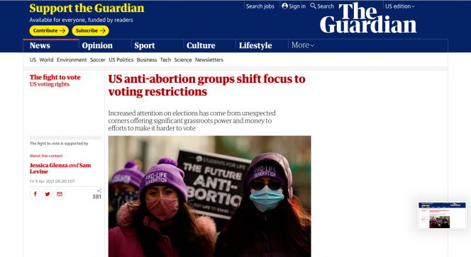 Blue bar across the top with The Guardian on it. An image of two women wearing pro-life hats.