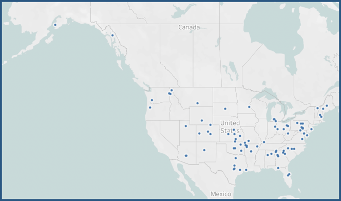 A map of the U.S. with dots showing far-right candidates