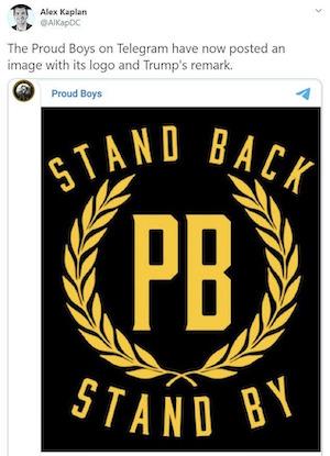 Proud boys stand back and stand by logo t shirt from twitter post