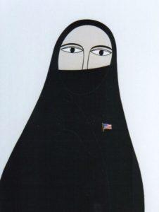 Helen Zughaib, Abaya with Flag Pin, gouache on board, 2008, collection of Maymanah Farhat and Athir Shayota