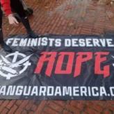Vanguard America banner removed from State House lawn by Women’s March 2.0 participants in Providence, RI