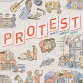 Cover art for PE Winter 2018, showing the words "Protest makes America great," and several important moments of protest of American history.