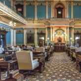 Ornate interior of the Senate Chambers for the state of Michigan lawmakers at the capitol building in downtown Lansing.