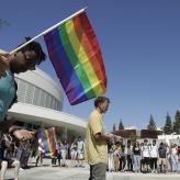 A professor offers a prayer during a rally by the LGBTQ Christian community at Azusa Pacific University to show support after the school reinstated a ban on same-sex relationships, October 1, 2018. Credit: Myung J. Chun/Los Angeles Times via Getty Images.