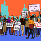 A group of protesters illustrated.