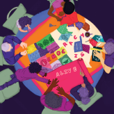 An illustration of people sitting in chairs fixing a quilt that says Democracy is Alive
