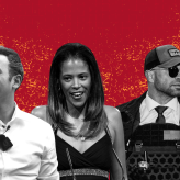 A collage of two men and a woman in front of a red background.