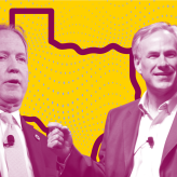 Ken Paxton and Greg Abott on a yellow background with a dotted pattern on it.