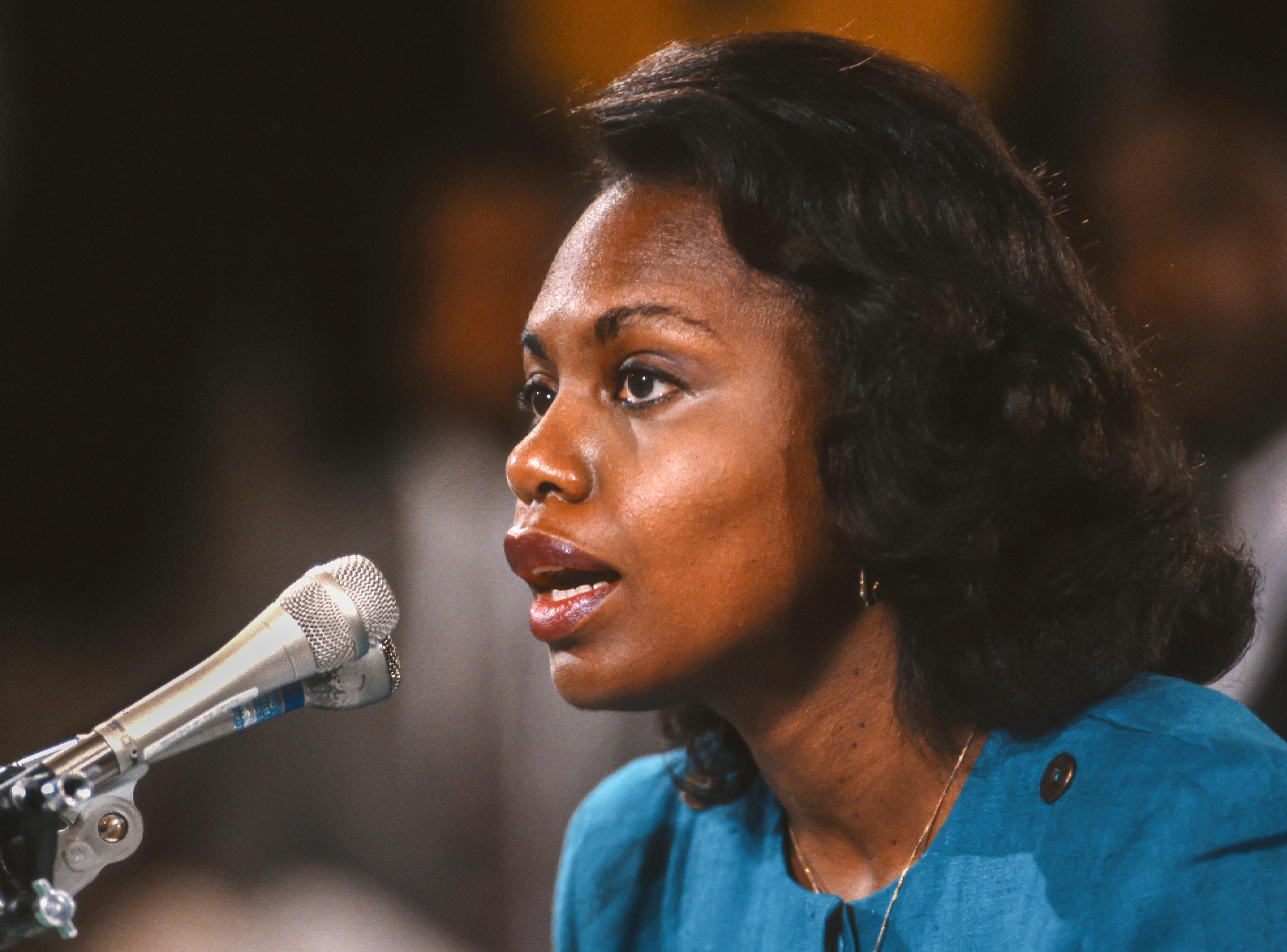 Anita Hill testifies before Congress, during Clarence Thomas confirmation hearings for Supreme Court, October 11, 1991.