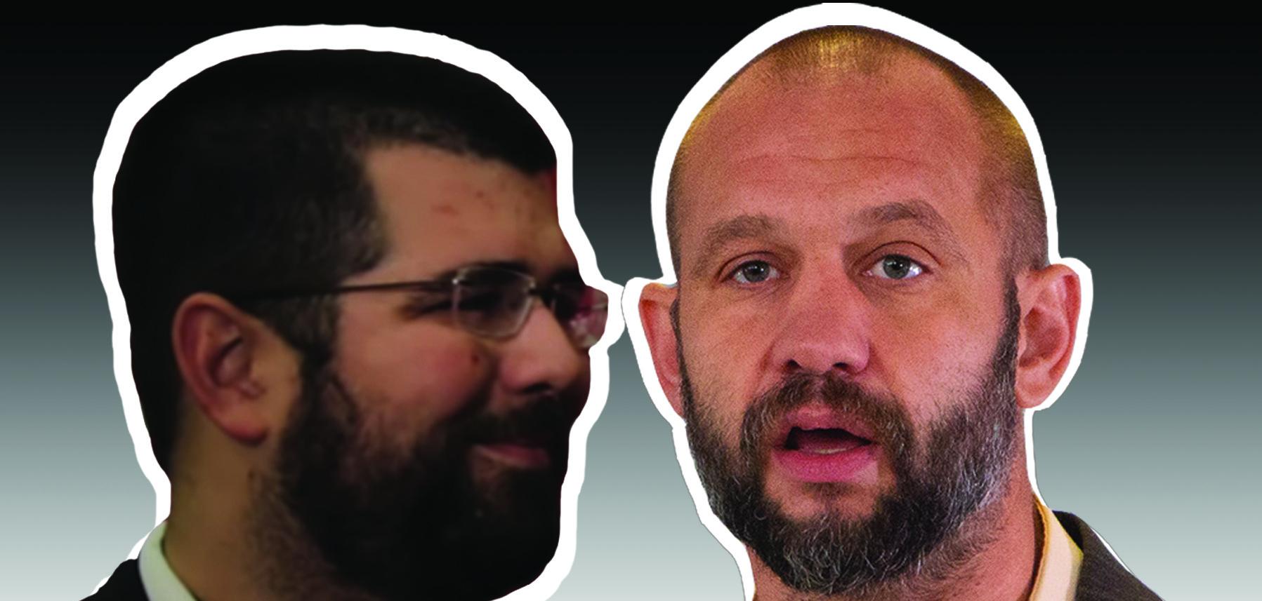 Two white men with white outlines and a gradient behind them.