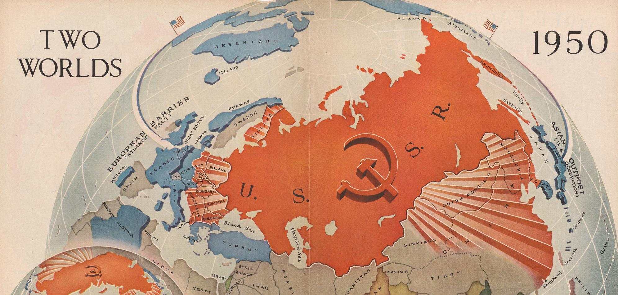 A drawing of the globe with a warped perspective to enlarge a red and sickle covered USSR.