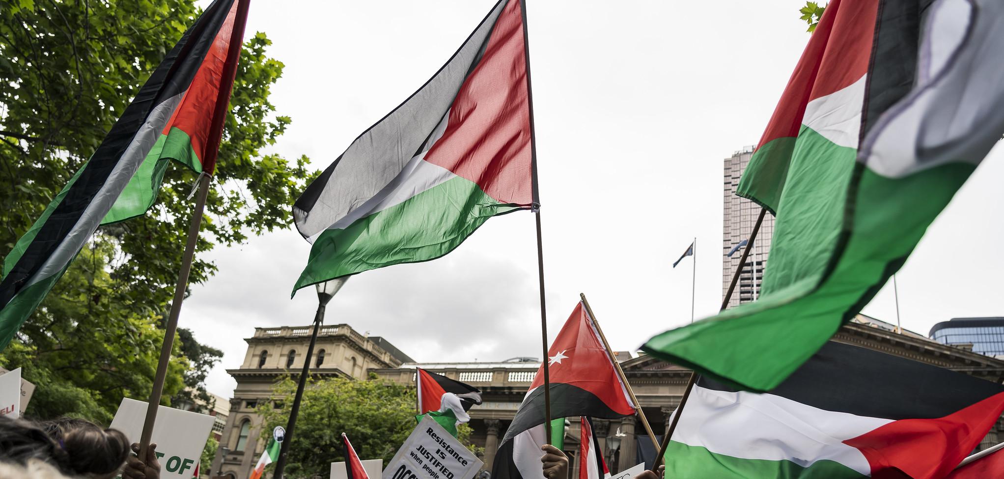 People protesting, waving red, white, and green Palestine flags in the air.
