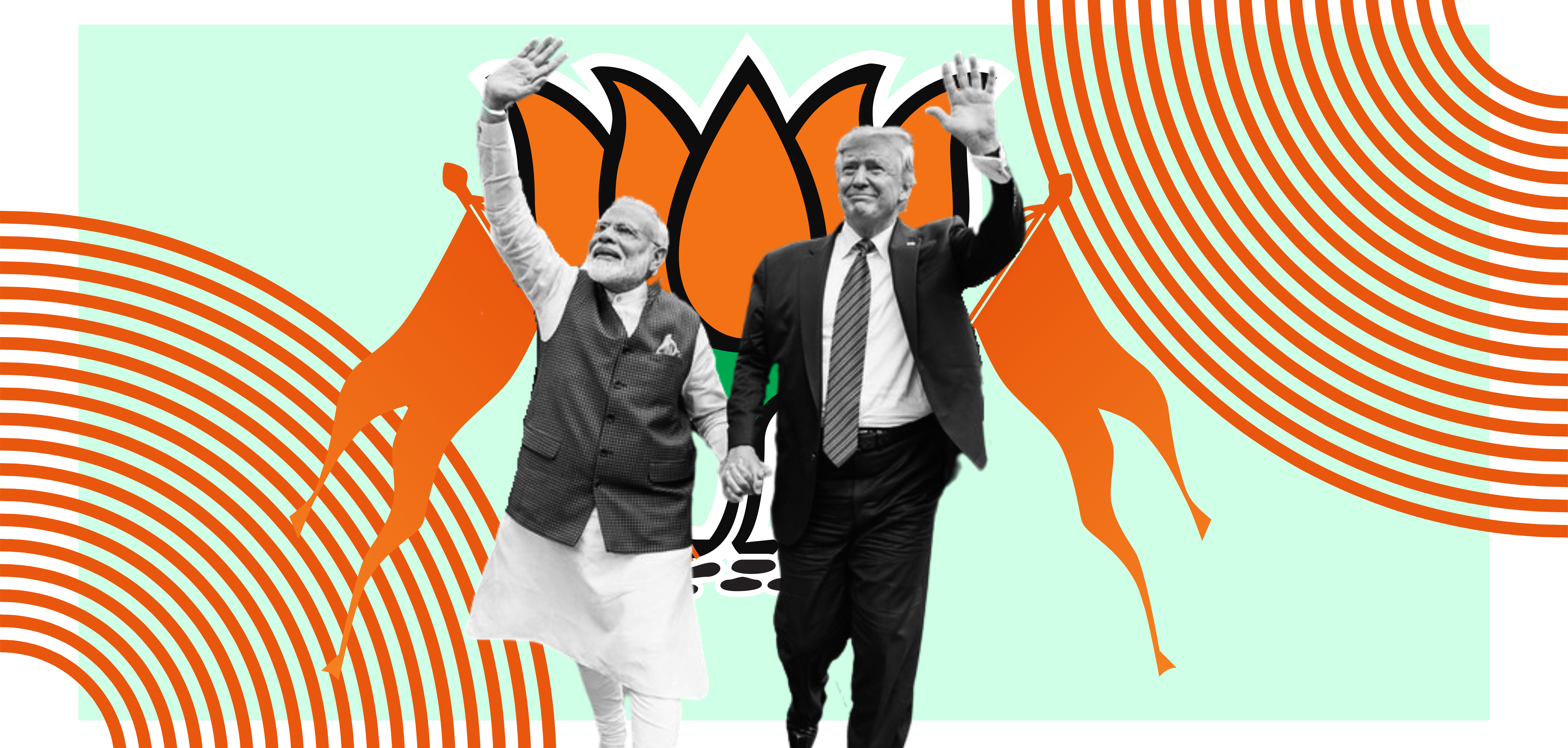 a cut out of Modi and Trump with orange flags and the BJP logo behind.