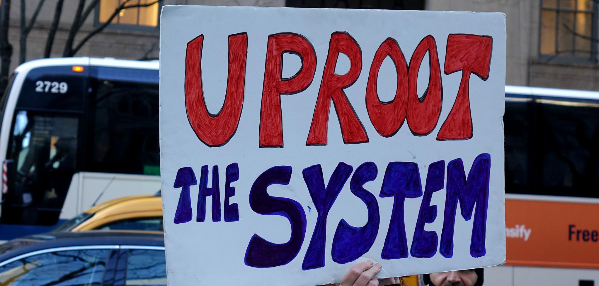 A person holding a sign that says "uproot the system"