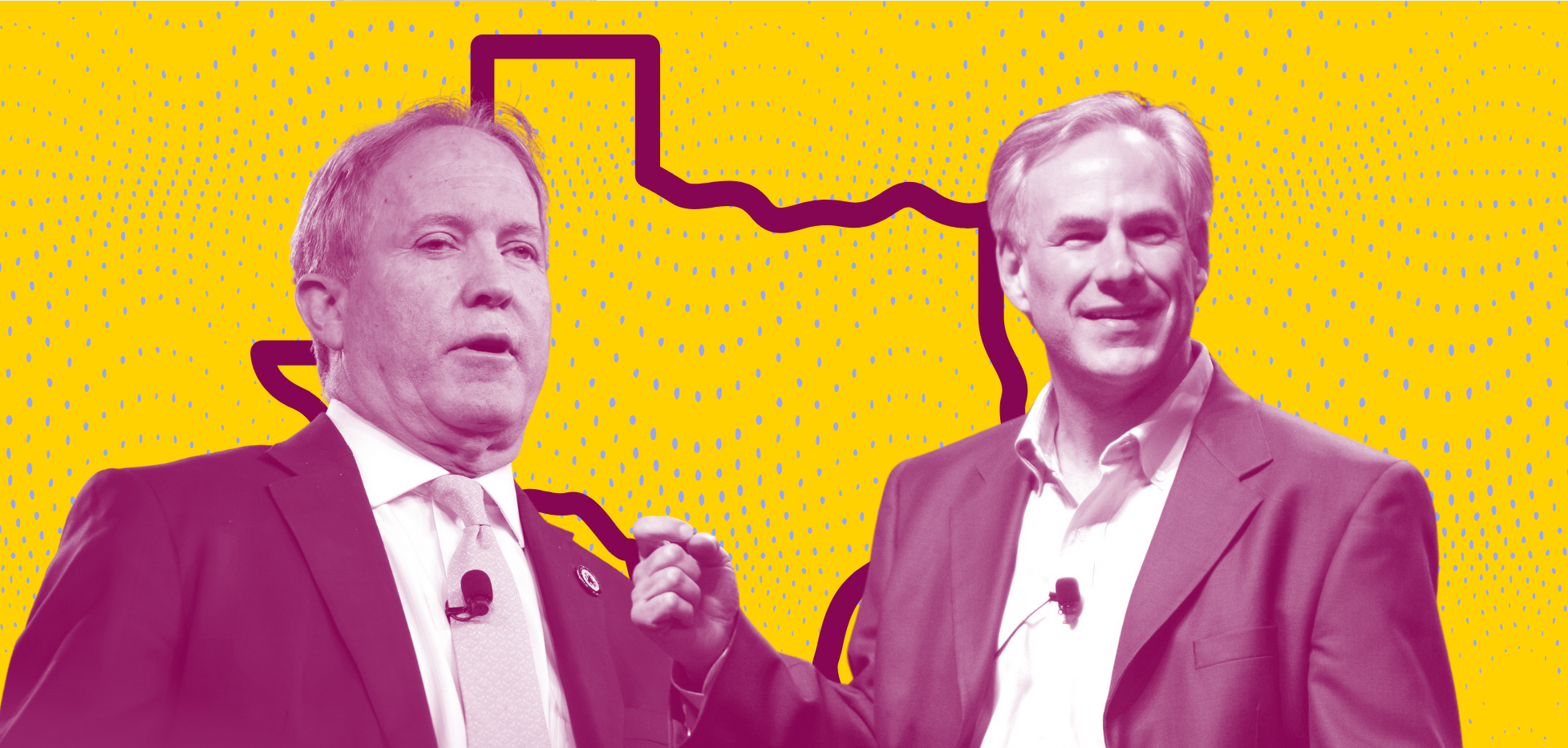 Ken Paxton and Greg Abott on a yellow background with a dotted pattern on it.