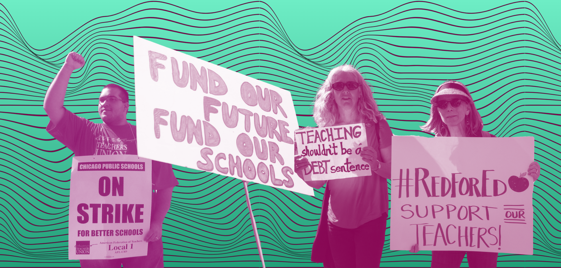 collage of protestors holding signs in support of public education in front of a green background
